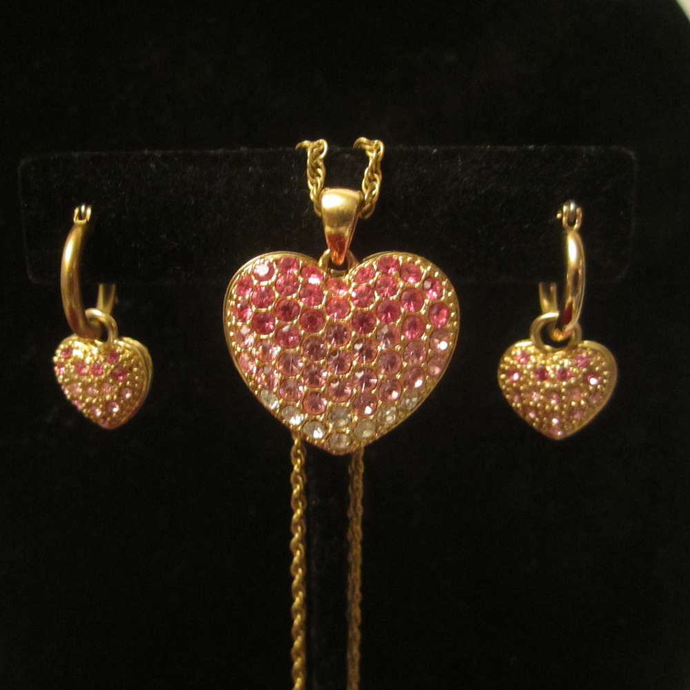 Pink Heart Rhinestone Necklace & Earrings Set
